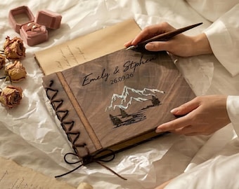 Mother of Pearl Mountain Wedding Guest Book | Custom Walnut Wood Engraved Nature Album