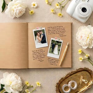K&ouml;nnte beinhalten: Ein Hochzeitsalbum mit zwei Fotos, handschriftlichen Notizen und einem goldenen Stift. Die Fotos zeigen eine Braut und einen Br&auml;utigam. Wei&szlig;e Blumen und eine wei&szlig;e Kamera sind ebenfalls im Bild. Das Scrapbook ist auf einer hellbraunen Oberfl&auml;che ge&ouml;ffnet.