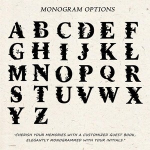 K&ouml;nnte beinhalten: Ein komplettes Alphabet aus schwarzen Monogrammbuchstaben mit floralen Akzenten, auf cremefarbenem Hintergrund. Der Text "MONOGRAMM-OPTIONEN" steht oben. Der Text unten lautet: "CHERISH YOUR MEMORIES WITH A CUSTOMIZED GUEST BOOK, ELEGANTLY MONOGRAMMED WITH YOUR INITIALS."