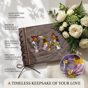 K&ouml;nnte beinhalten: Ein Hochzeitsalbum mit einem dunklen Walnussholz-Einband und handgen&auml;hten Lederschn&uuml;ren. Es verf&uuml;gt &uuml;ber eine echte, gepresste Trockenblumen-Inlay in einer mehrfarbigen Palette. Der Text lautet "DAVID & ALYSIA September 27, 2026".