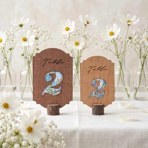 Abalone Shell Wedding Table Numbers, Personalized Wooden Table Sign, Iridescent Shell Centerpiece, Boho Wedding Decor, Elegant Table Sign