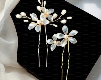 Épingles à cheveux de mariée fleurs myosotis fabriquées à la main - Ensemble élégant d'accessoires pour cheveux de mariage en perles d'or