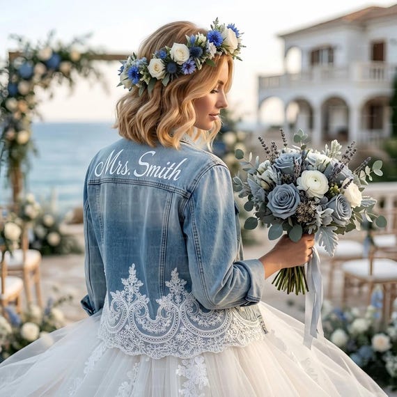 Custom Lace Wedding Jacket | Personalized Bridal Denim Jacket | Bride Cover Up, Personalized Name Wedding Dress Topper | Bridal Cape