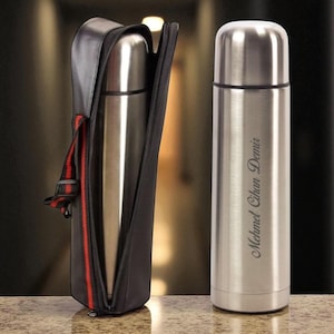 Personalized 500ml Stainless Steel Thermos with Leather Carrying Case & Cup – Custom Engraved Travel Flask