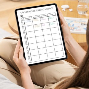 Könnte beinhalten: Ein wöchentlicher Essensplaner auf einem Tablet-Bildschirm. Der Planer ist in Abschnitte für Frühstück, Mittagessen, Abendessen und Snacks unterteilt. Jeder Abschnitt hat eine Spalte für jeden Tag der Woche.
