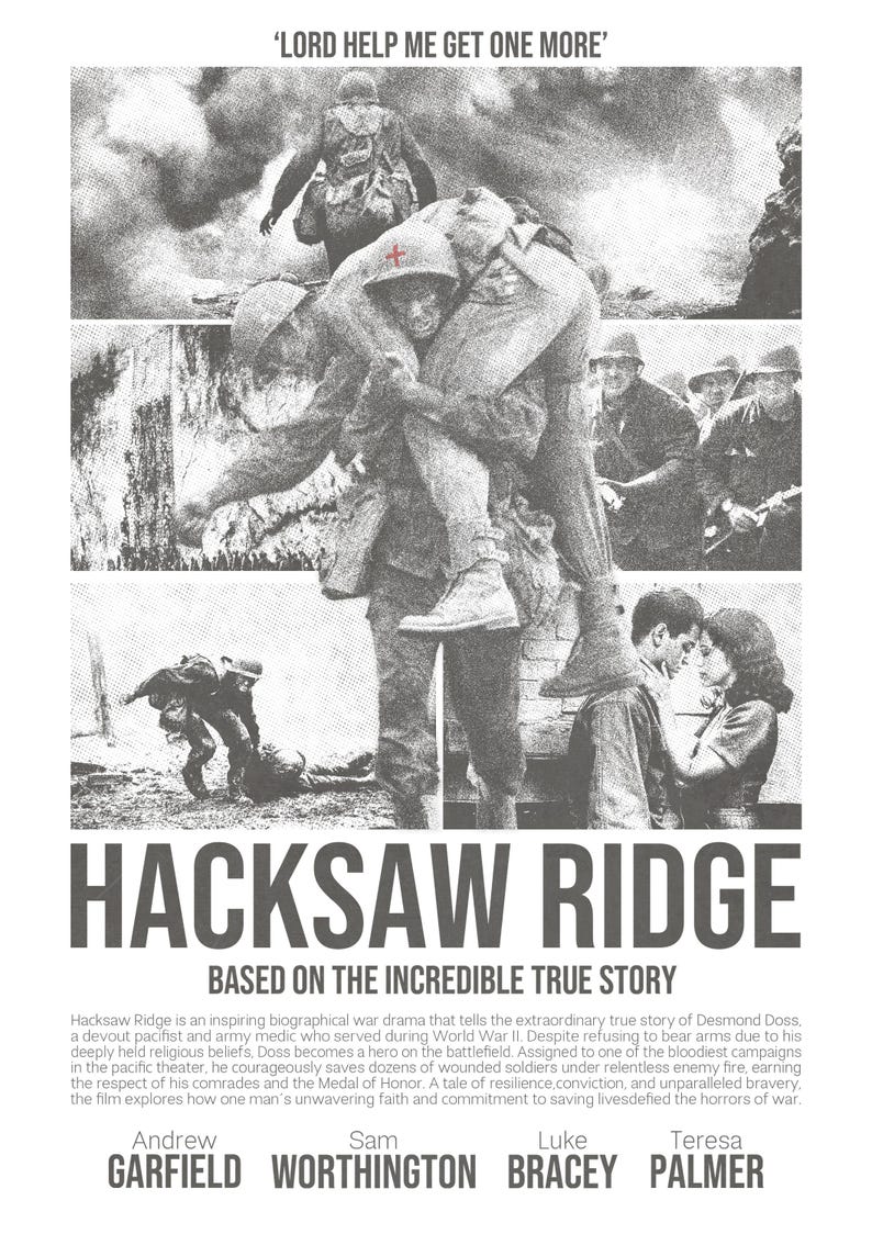 Hacksaw Ridge Movie Poster: WWII Desmond Doss Art Print - Etsy