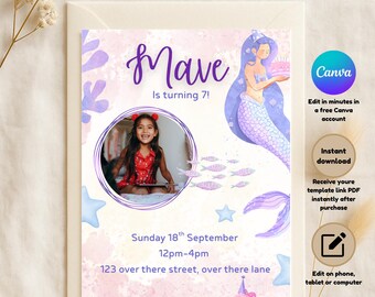 Mermaid Birthday Invitation, Editable Canva Template with Photo
