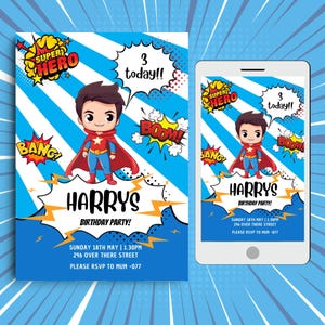 Superhero Birthday Invitation,Editable Digital Download,Boy’s Comic Book Style Party Invite,Instant Access in Canva