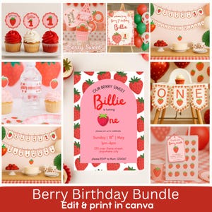 berry sweet 1st birthday party bundle, birthday bundles, 1st birthday bundle, editable and printable, Canva templates, party decor bundle