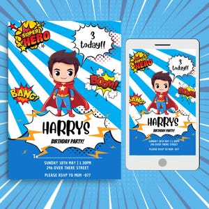 Superhero 2pack Birthday Invitations, Editable Digital Download,Boy’s Comic Book Style Party Invite,Instant Access in Canva
