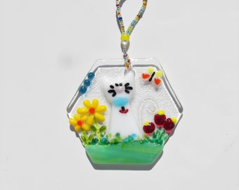 White Cat in the Flowers and a Butterfly // Fused Glass // Pet // Garden// Cheerful// Whimsical// Kitty// Colorful// Fun// Cute //Ships Free