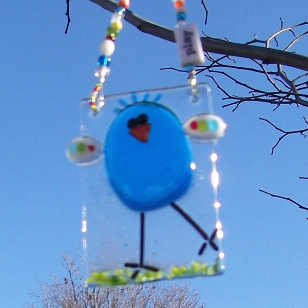 BLue Bird of Happiness // Fused GLass Suncatcher // Ornament /// Sun Catcher // Play // Bright // Fun // Cheerful // Happy // Free Shipping