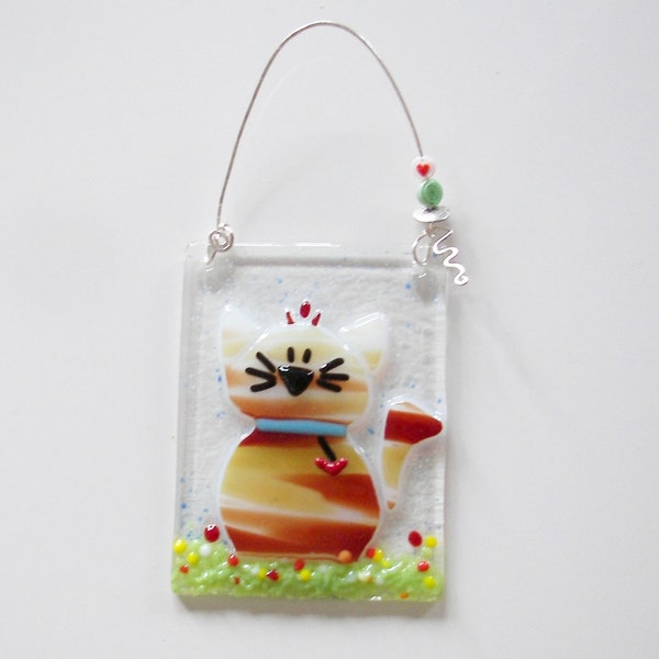 Striped Cat // Fused GLass Suncatcher // Fused Glass Cat // Kitty // Pet // Colorful // Calico // Sun Catcher // Cute //Fun // Feline