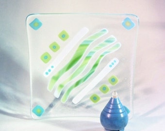 Turquoise BLue  // Bright Green // White // Fused GLass Art Dish // Candy // Abstract // Summer // Home Decor // Square // Fun // Colorful