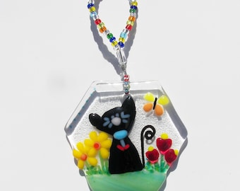 Black Cat and a Butterfly // Fused GLass Suncatcher // Fused Glass Cat // Kitty // Pet // Sun Catcher // Cute //Fun // Flowers // Ships Free