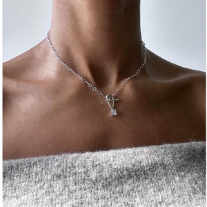 Sterling Silver Toggle Necklace with Cubic Zirconia | PaperClip Chain Necklace | Toggle Clasp | Sterling Silver Necklace