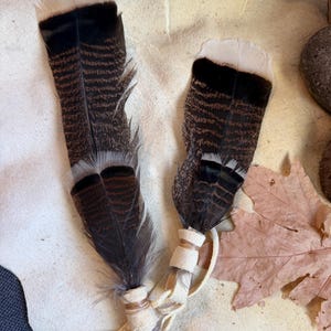 May include: Two turkey feathers with brown and black barred patterns and white tips. Each feather is secured at the base with a light tan suede leather wrap and attached to a matching suede leather cord for hanging or display purposes.