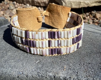 Wampum Choker REAL wampum shell beads native american made brain tan leather