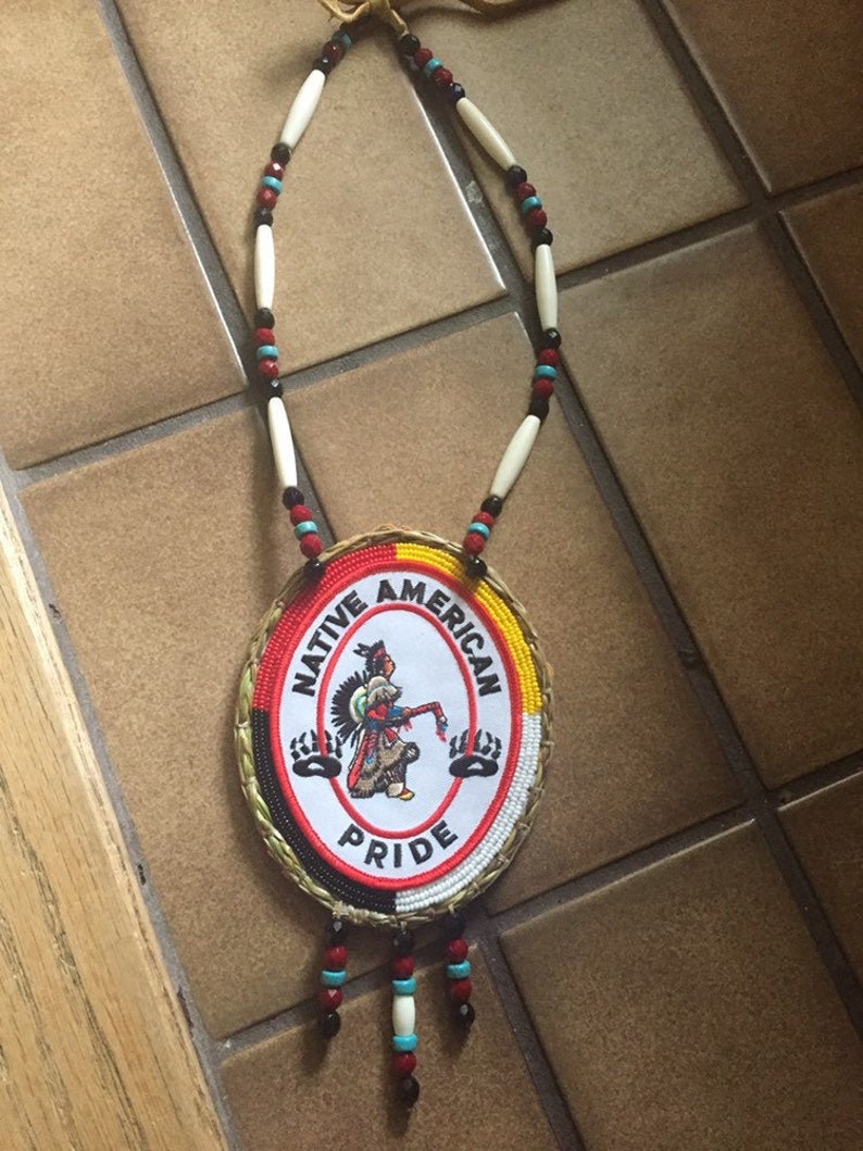 Native Pride medallion with sweetgrass border authentic Native American Beadwork