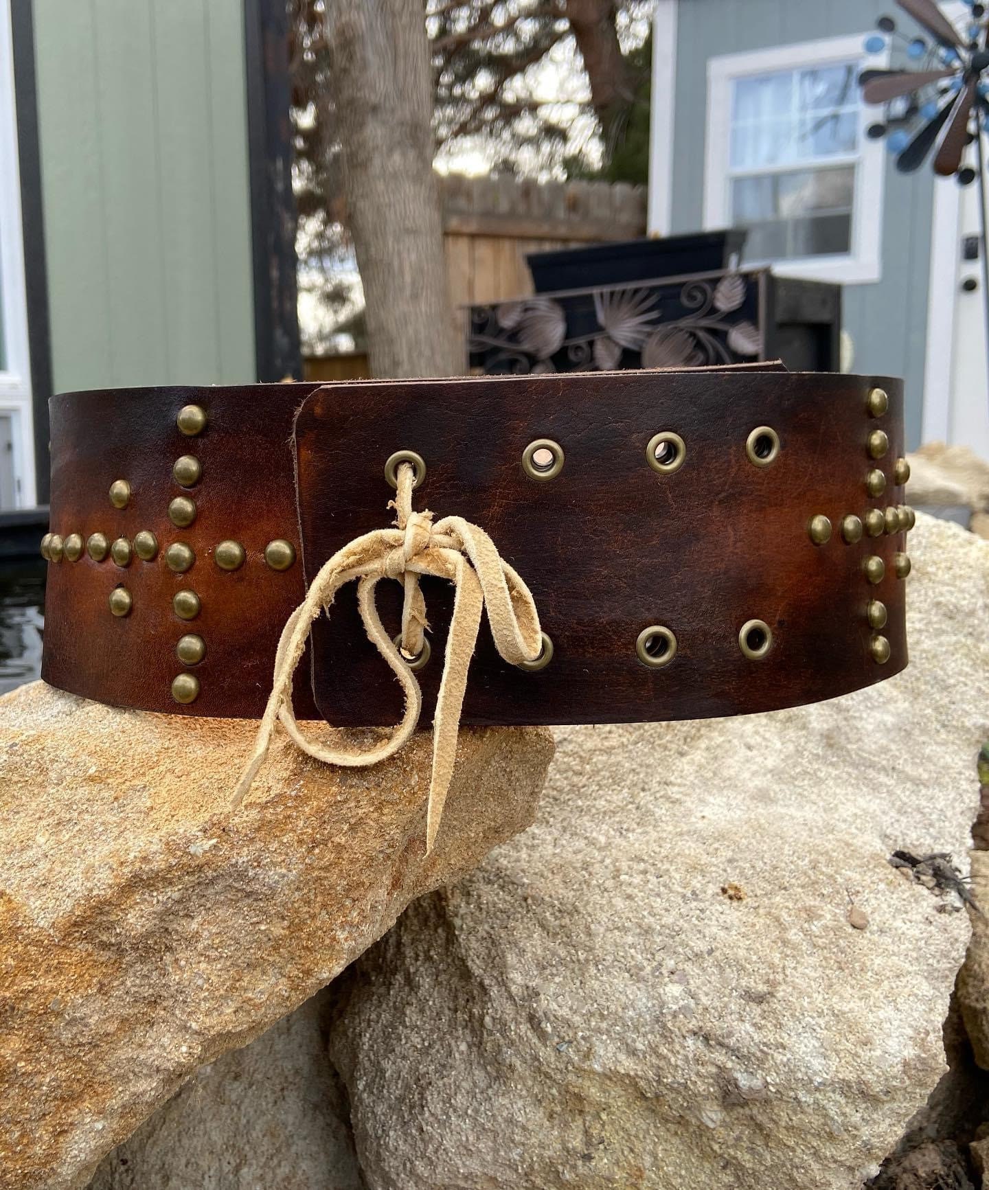Vintage Tan Leather Tribal Western Wide Belt Native American Inspired Native American Leather Belt In Women main image 2