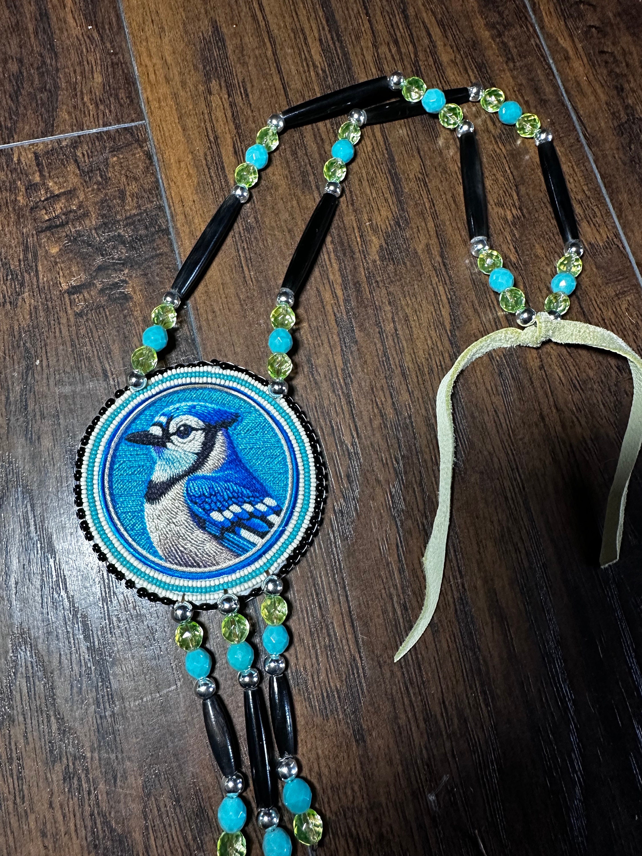 Bluebird Beaded Medallion Necklace: Native American Cherokee Beadwork