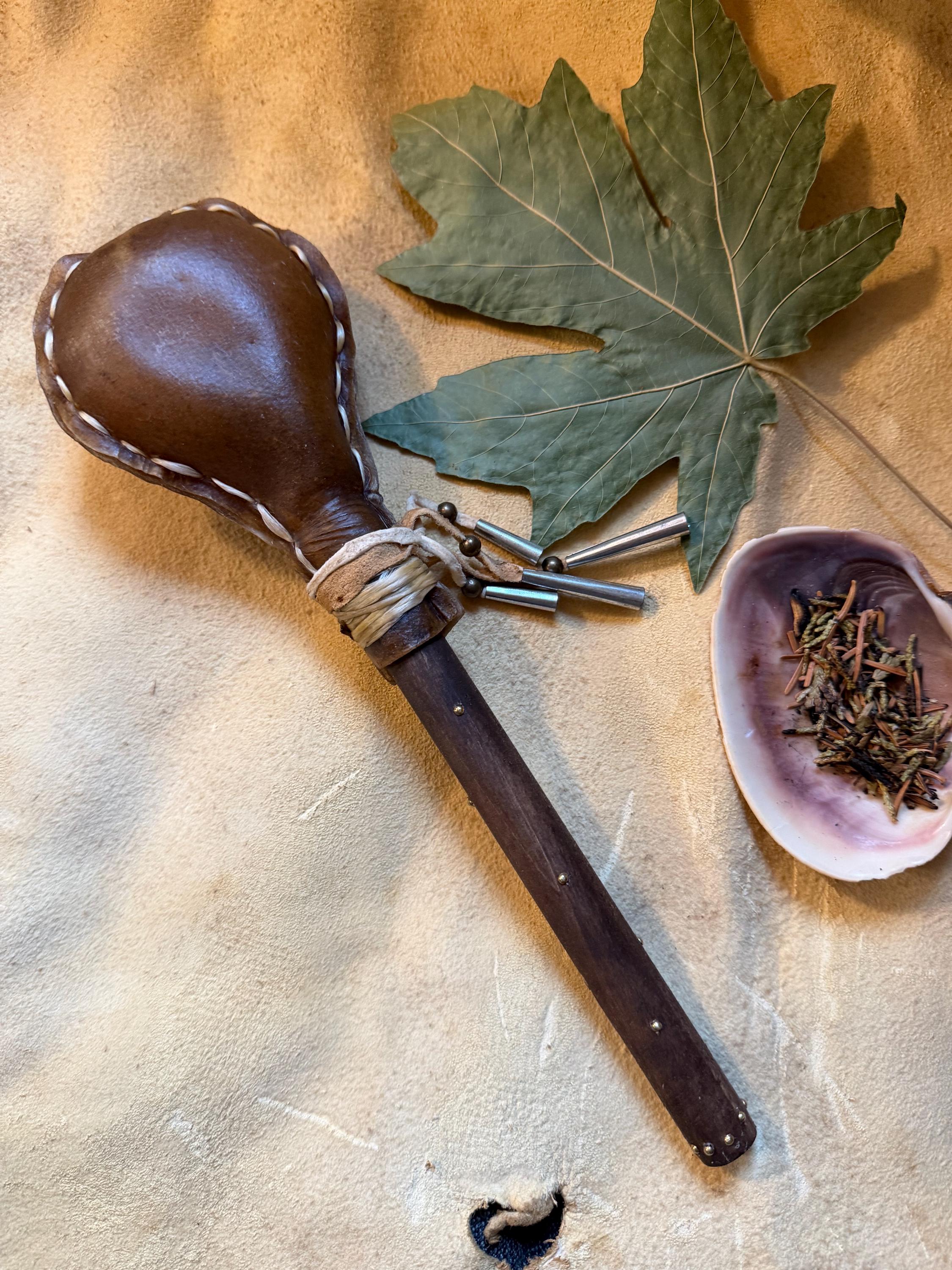 Rawhide Rattle Kit Native American Rawhide Rattle Brain Tan Buckskin Native Made Buffalo ...