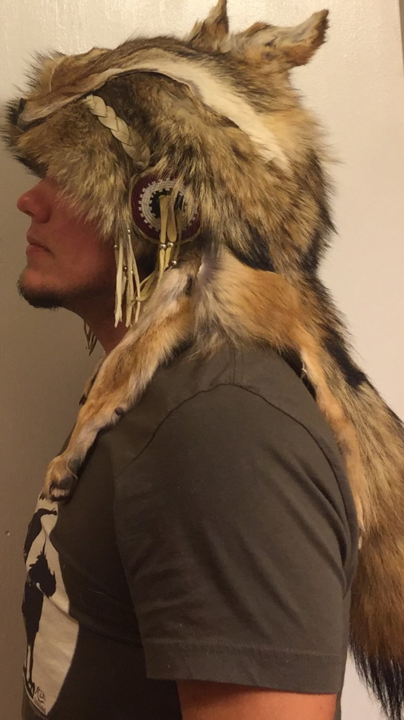 Native American beaded coyote coonskin hat Authentic Native Etsy