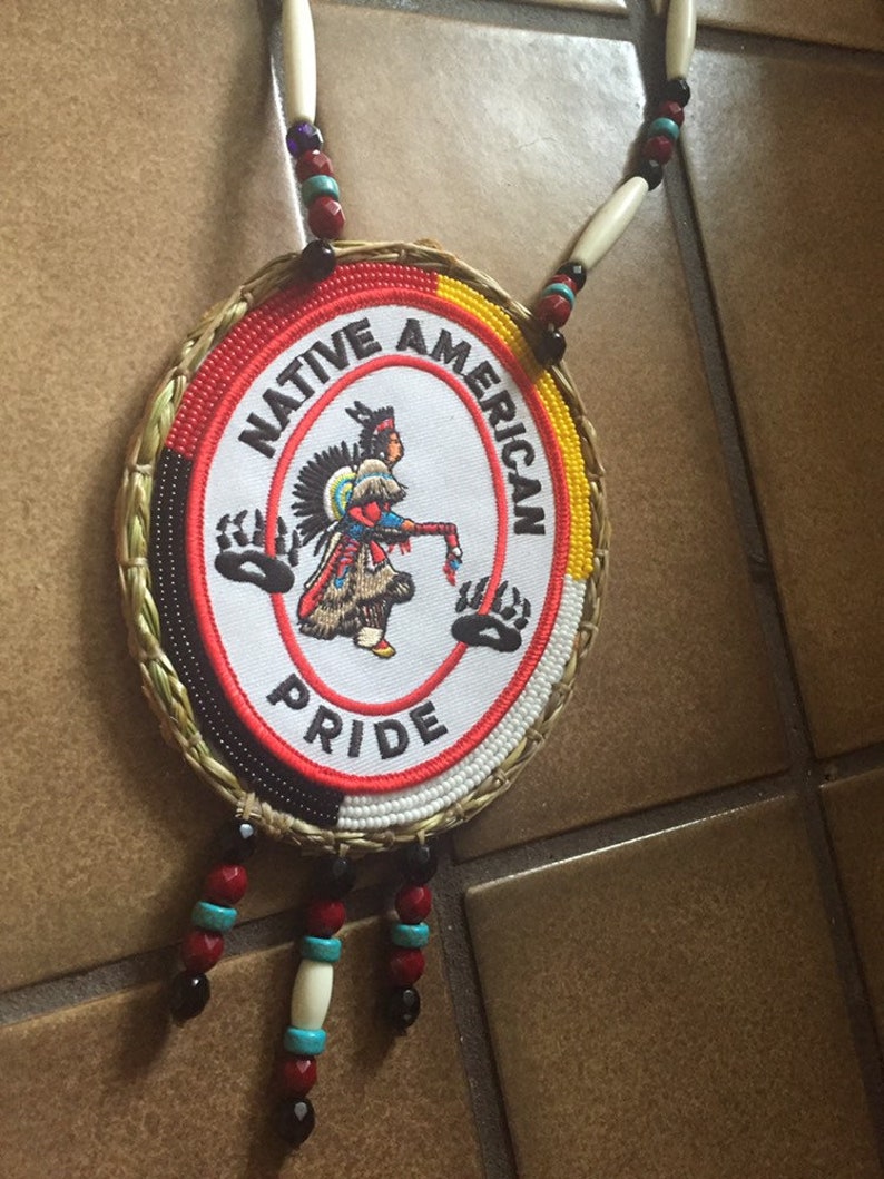 Native Pride medallion with sweetgrass border authentic Native American Beadwork