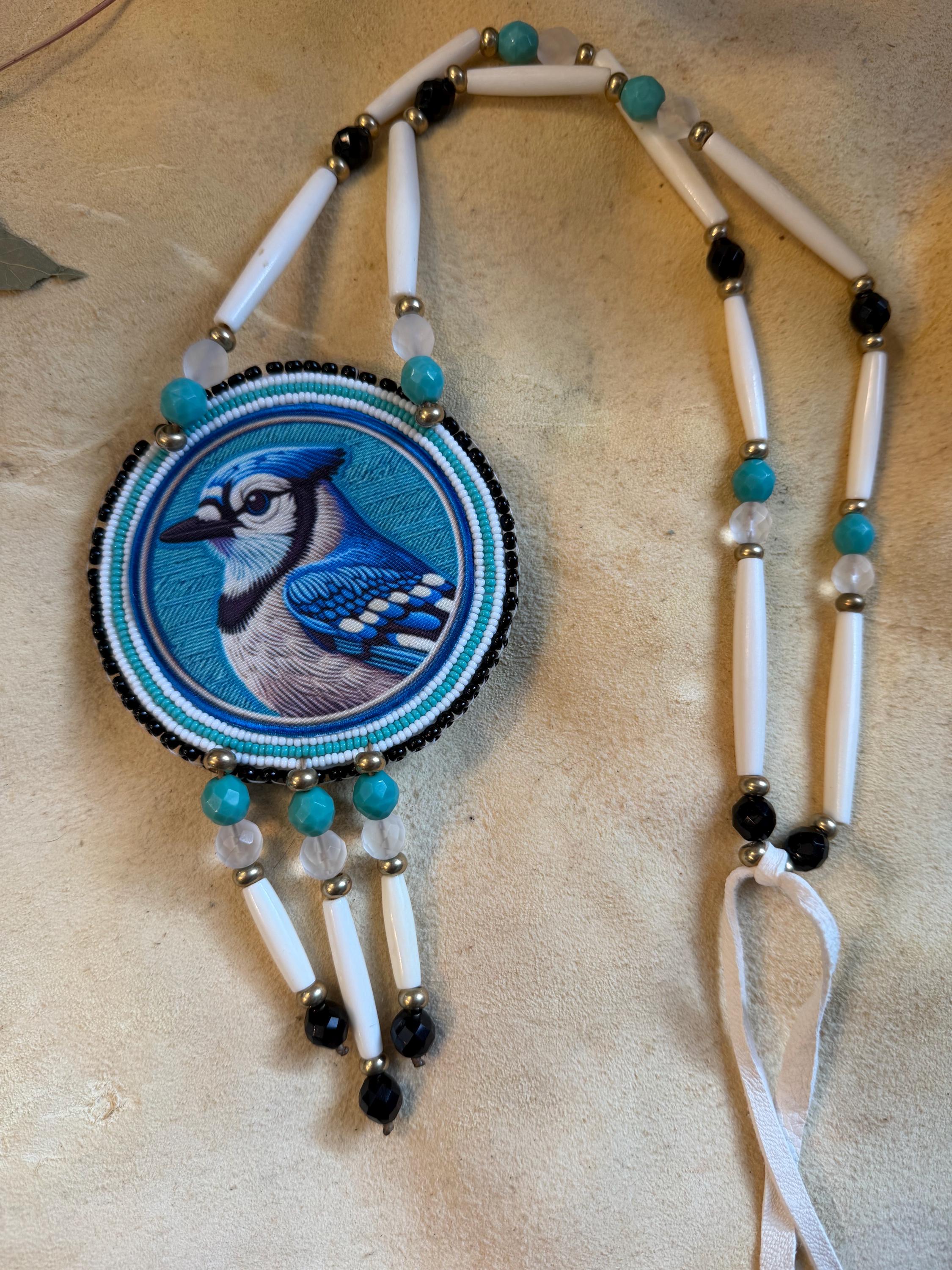 Bluebird Beaded Medallion Necklace: Native American Cherokee