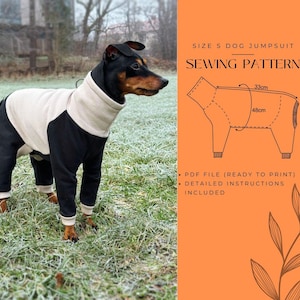 May include: A black and beige dog jumpsuit on a dog standing on grass. The jumpsuit has a beige upper body and black legs. The image also includes a sewing pattern with measurements of 13 inches and 19 inches, and the text "SIZE S DOG JUMPSUIT SEWING PATTERN".