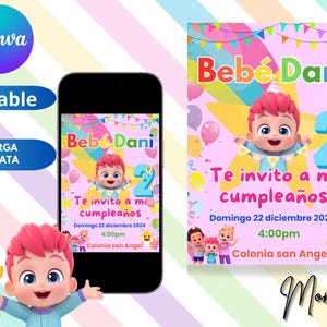 Invitacion editable en Canva, tono rosa, tematica Bebefinn ¡Haz tus invitaciones perfectas en minutos con nuestras plantillas digitales!