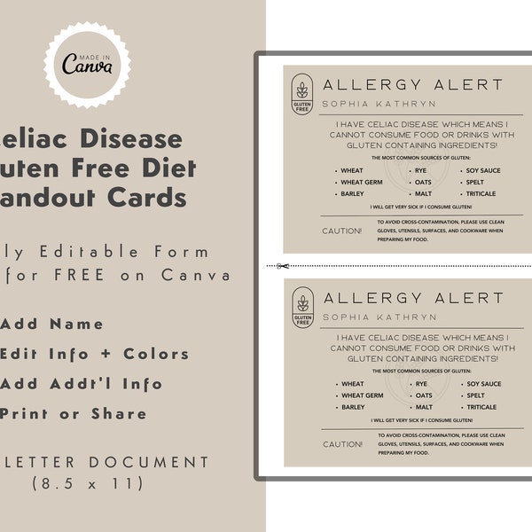 Gluten Free Diet Alert Card | Celiac Disease | GF Diet | Dietary Restrictions | Gluten Intolerance | Food Allergy | EDITABLE | CANVA