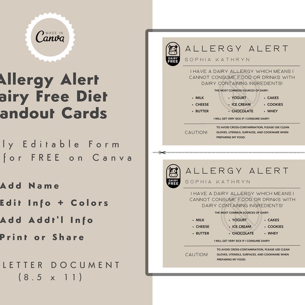 Dairy Free Diet Info Alert Card | Milk Allergy | Dairy Allergy | Dietary Restrictions | Dairy Intolerance | Food Allergy | EDITABLE | CANVA