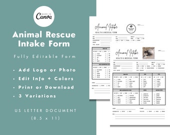 Animal Rescue Shelter Intake Form | Health & Medical Intake Form | Dog Rescue | Cat Rescue | Animal Rescue | CANVA