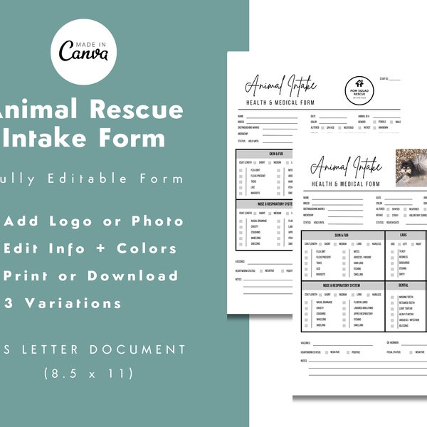 Animal Rescue Shelter Intake Form | Health & Medical Intake Form | Dog Rescue | Cat Rescue | Animal Rescue | CANVA