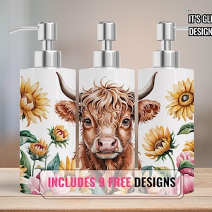 Distributore di sapone Highland Cow con pellicola per sublimazione. Design per distributori di sapone con sublimazione. Scarica il design del distributore di sapone in formato png.