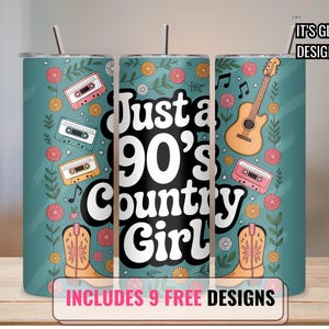 Gobelet skinny 20 oz country des années 90 surélevé png, emballage de gobelet de musique country png, motifs western 20 oz, gobelet téléchargement png