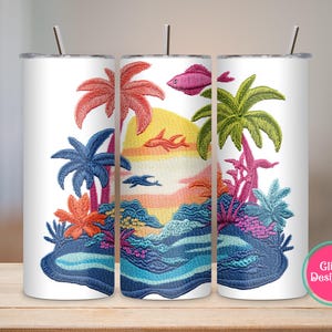 Faux Embroidery Beach Tumbler Wrap, 20oz Tumbler Wrap PNG, Beach PNG Vacation Tumbler, Skinny Tumbler Sublimation Designs, Digital Download