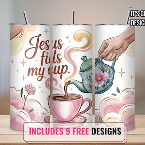 Tumbler sottile da 20 once con versetto della Bibbia cristiana, design a sublimazione, download digitale, Gesù riempie la mia tazza
