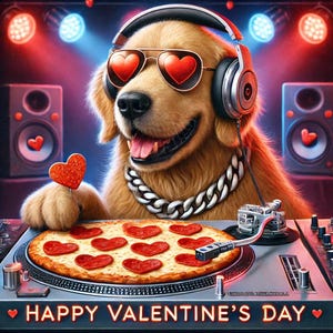 Grappige Valentijnsdagkaart - Golden Retriever DJ op de pizzadraaitafel
