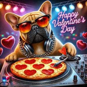 Grappige Valentijnsdagkaart - DJ Franse Bulldog op het pizzadraaiplateau