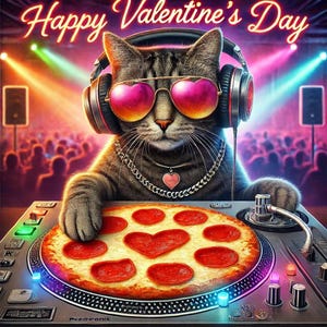 Lustige Valentinstag Karte - DJ Cat on the Pizza Turntable