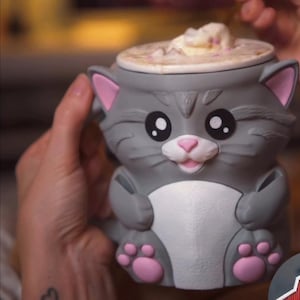 Cat Ice Cream Pint Holder Gray  | 16oz with Spoon Slots Snack Drawer Small imperfections