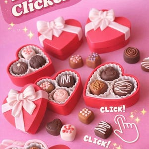 Op de afbeelding: Rode hartvormige dozen met witte strikken, gevuld met diverse chocolaatjes. De afbeelding toont de tekst "Fidget Clicker" en "Click!" op een roze achtergrond. De chocolaatjes hebben verschillende toppings en ontwerpen.