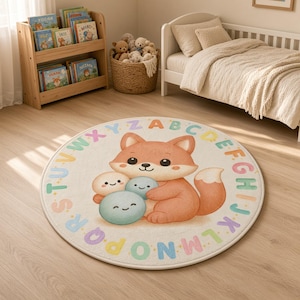 ABC Alphabet Round Rug for Kids, Fox Educational Playroom Carpet 47 Inch, Washable Non Slip Nursery Mat, Toddler Learning Gift