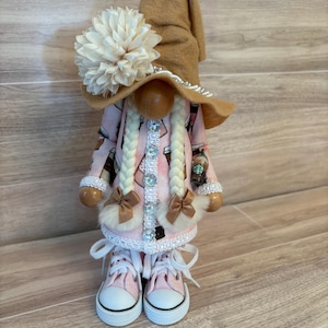 Coffee Lover Gnome - Pink Coffee Gnome Decor - Handmade Barista Gnome with Braids - Kitchen Gnome Gift for Her - Coffee Tiered Tray Decor