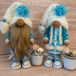Beach Gnome Decor Set - Coastal Summer Gnomes with Seashell Buckets - Ocean Blue Gnomes - Nautical Shelf Decor