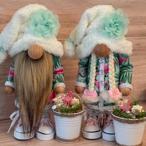 Beach Gnome Decor Set - Coastal Summer Gnomes with Seashells, Beach Pails, Flamingos - Tropical Ocean Shelf Decor - Gnomes with Sneakers