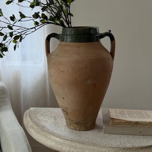 Antique Olive Jar with Green Glaze Rim | Vintage Turkish Pottery Vessel | Large Terracotta Vintage Vase | Organic Modern Decor