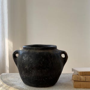 Antique Turkish Erzurum Pot 6.75"H | Two Handle Earthenware Vessel | Charcoal Patina Anatolian Pottery